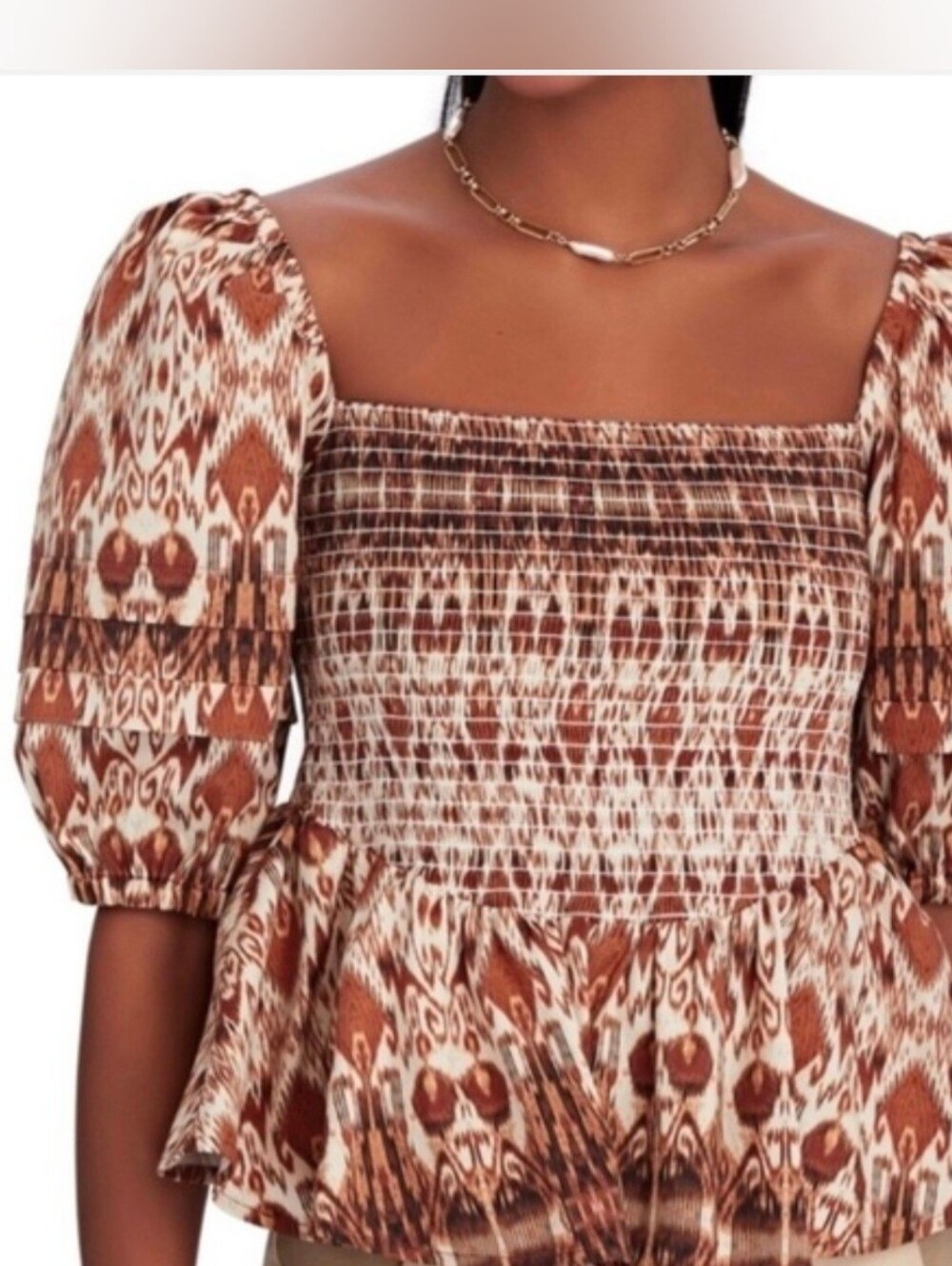 Autumn Adeigbo Top Rust Cream Abstract Ikat Smocked Size 8
